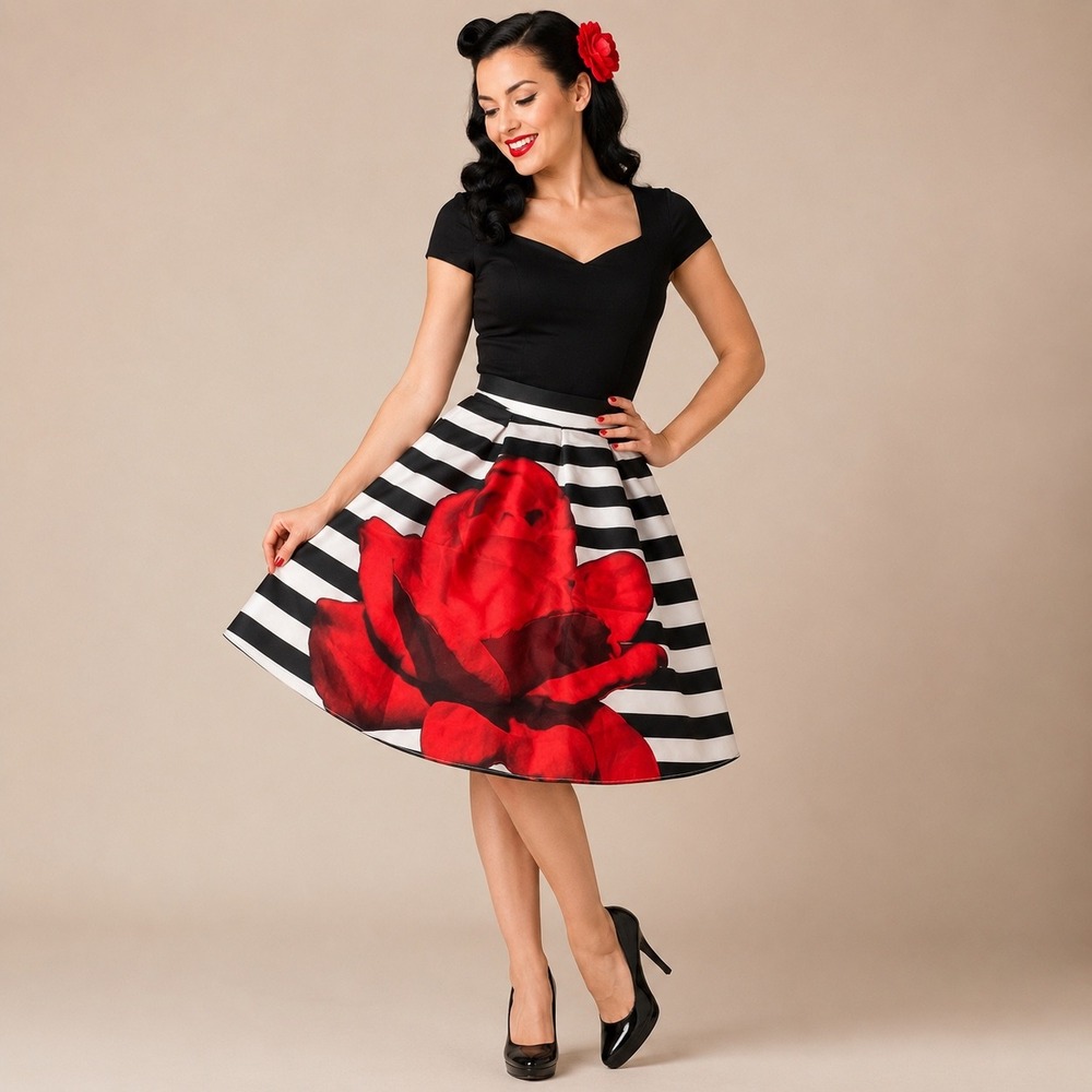 ICY Fashion Skirt Womens M Black White Striped Red Rose Floral A-Lin Rockabilly